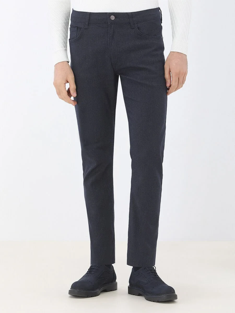 Navy Blue Weaving Slim Fit Casual Cotton Blended Trousers - 1