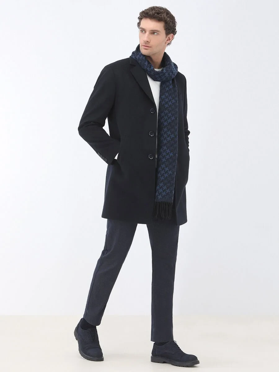 Navy Blue Weaving Slim Fit Casual Cotton Blended Trousers - 2