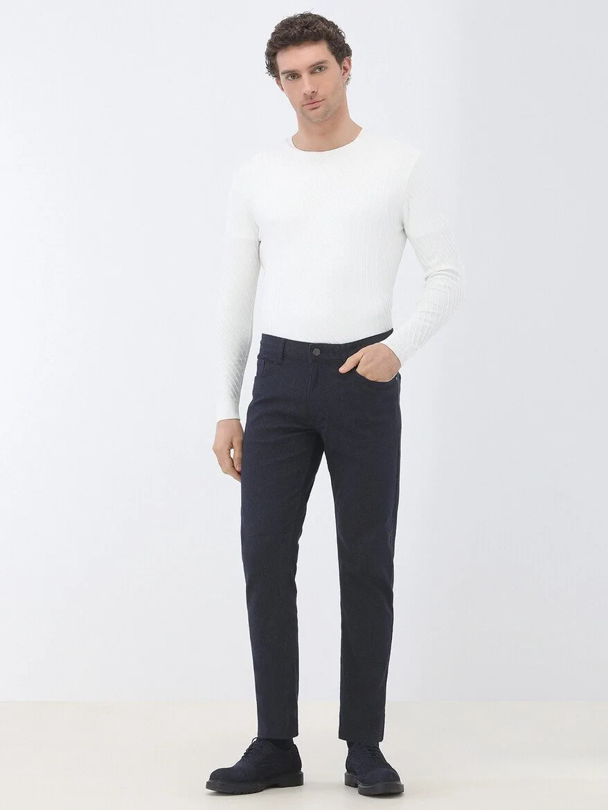 Navy Blue Weaving Slim Fit Casual Cotton Blended Trousers - 3
