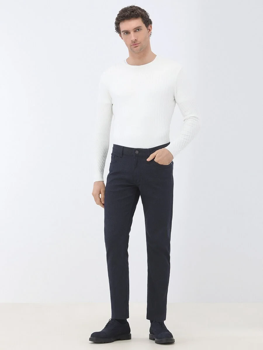 Navy Blue Weaving Slim Fit Casual Cotton Blended Trousers - 3