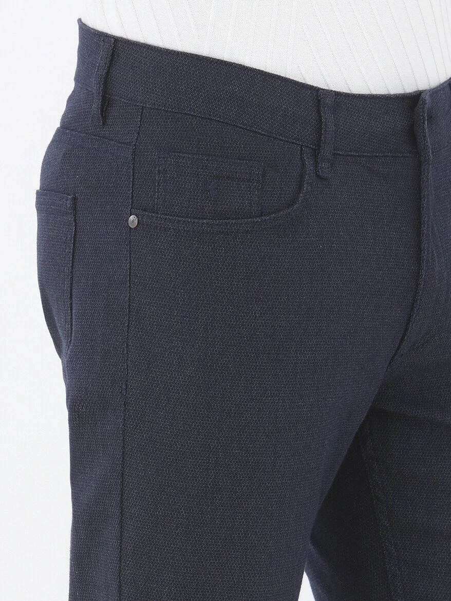 Navy Blue Weaving Slim Fit Casual Cotton Blended Trousers 