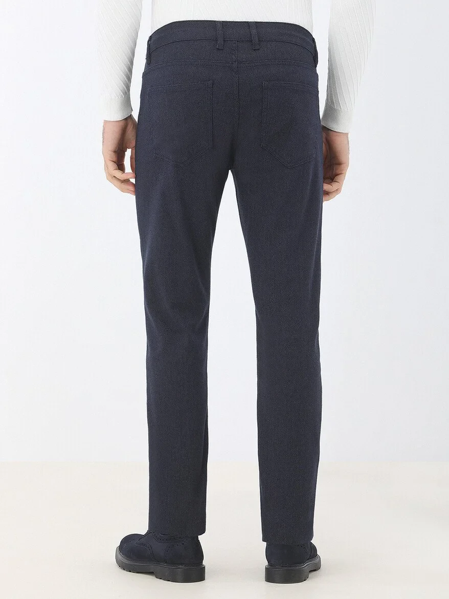Navy Blue Weaving Slim Fit Casual Cotton Blended Trousers - 5