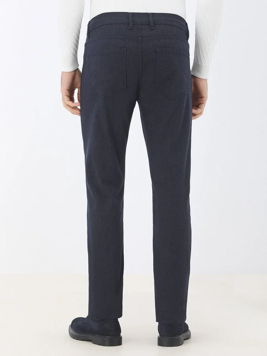 Navy Blue Weaving Slim Fit Casual Cotton Blended Trousers - 5