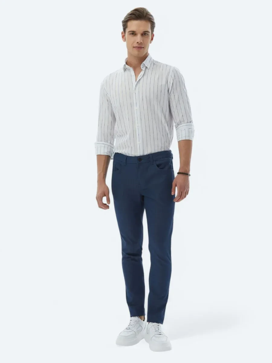 Navy Blue Weaving Slim Fit Casual Cotton Blended Trousers - 1