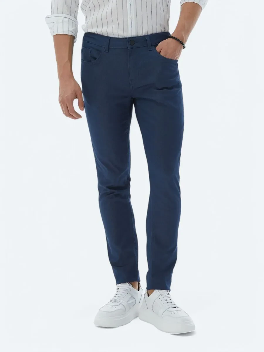 Navy Blue Weaving Slim Fit Casual Cotton Blended Trousers - 2