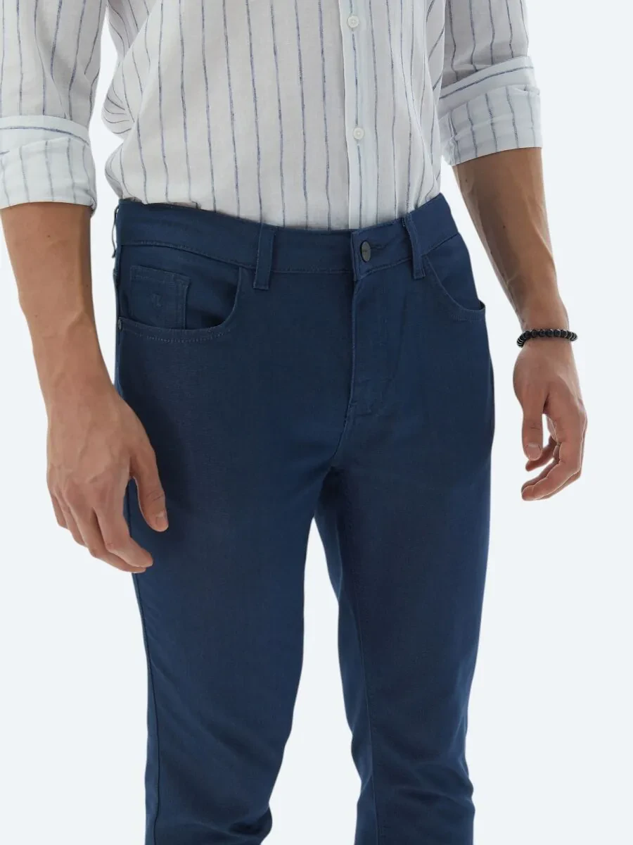Navy Blue Weaving Slim Fit Casual Cotton Blended Trousers - 3