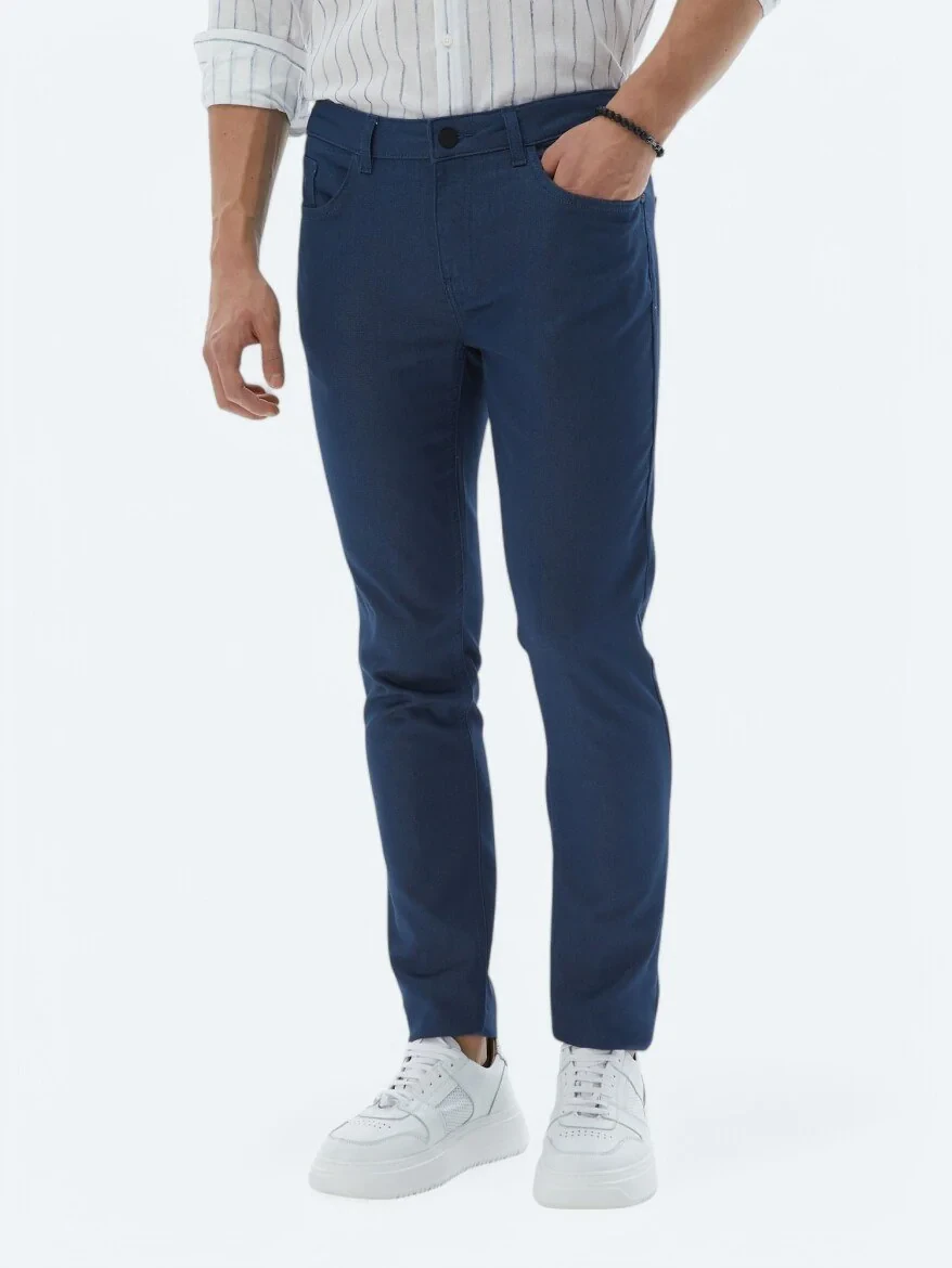 Navy Blue Weaving Slim Fit Casual Cotton Blended Trousers 