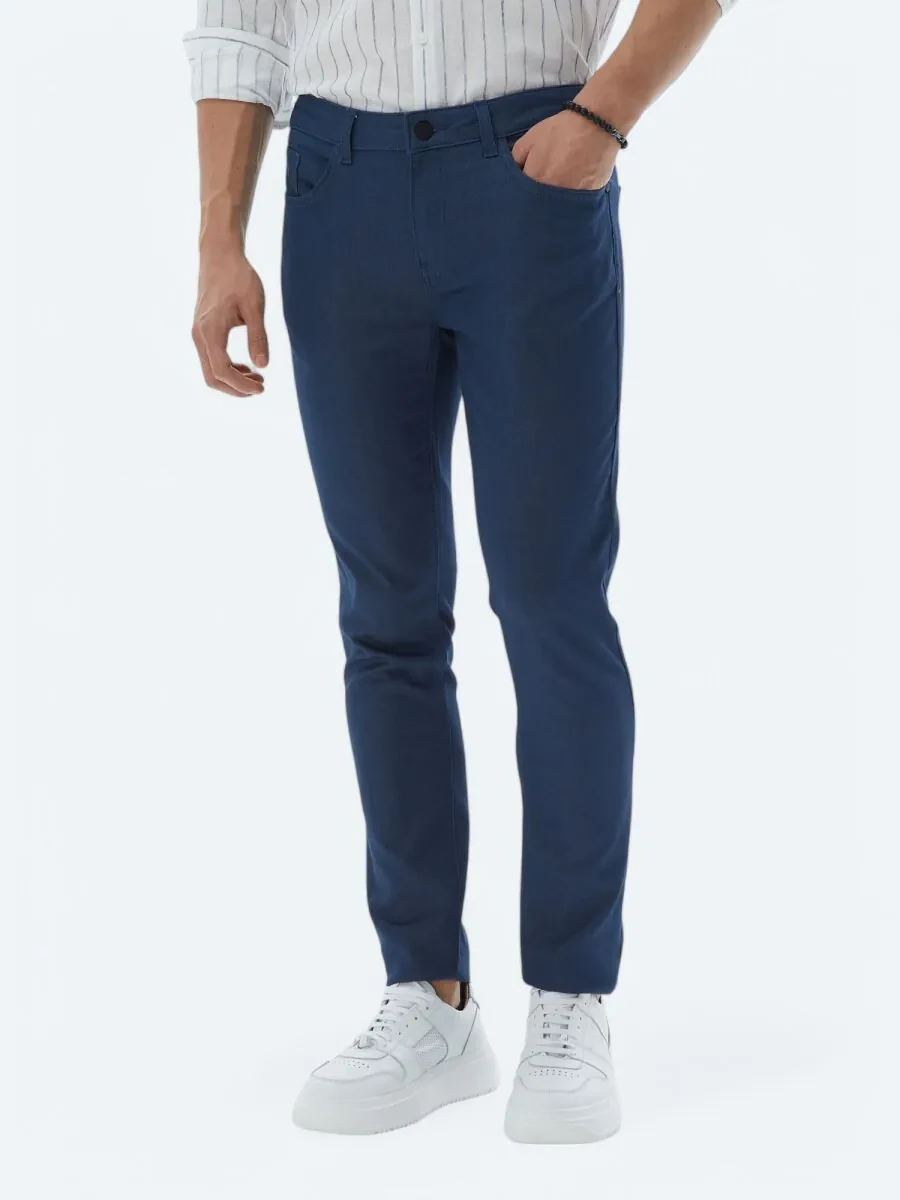 Navy Blue Weaving Slim Fit Casual Cotton Blended Trousers - 4