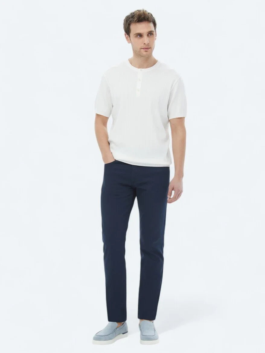 Navy Blue Weaving Slim Fit Casual Cotton Blended Trousers - 1