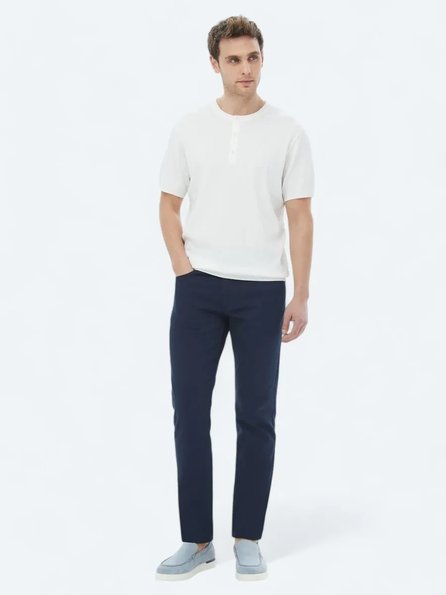 Navy Blue Weaving Slim Fit Casual Cotton Blended Trousers - 1