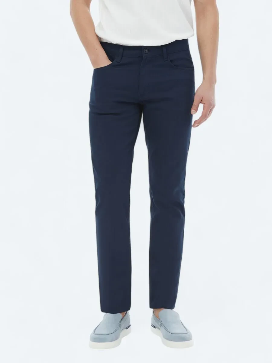 Navy Blue Weaving Slim Fit Casual Cotton Blended Trousers - 2