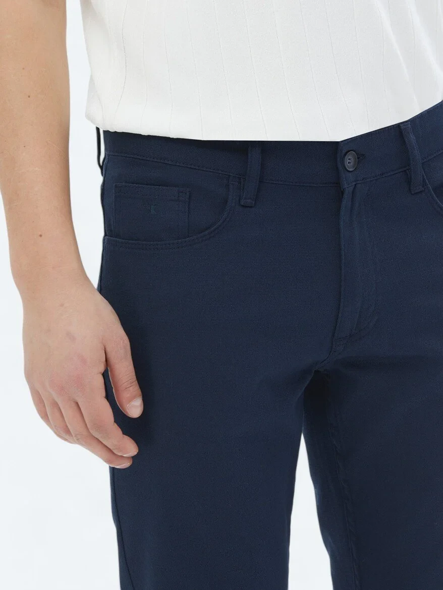 Navy Blue Weaving Slim Fit Casual Cotton Blended Trousers - 3