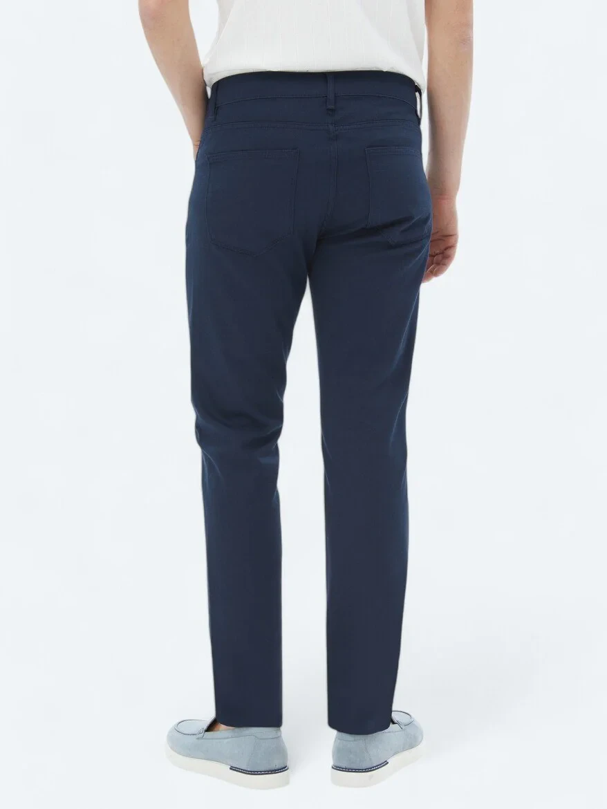 Navy Blue Weaving Slim Fit Casual Cotton Blended Trousers 
