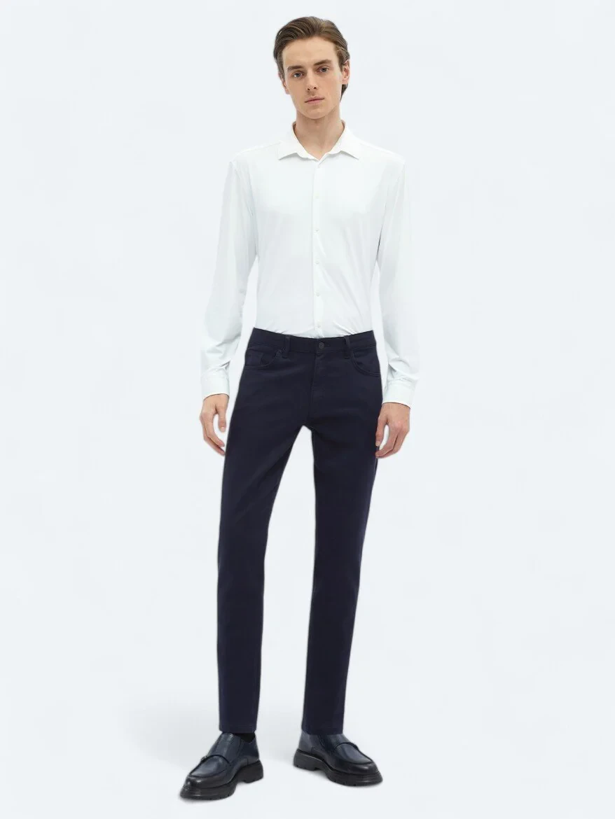 Navy Blue Weaving Slim Fit Casual Cotton Blended Trousers - 1