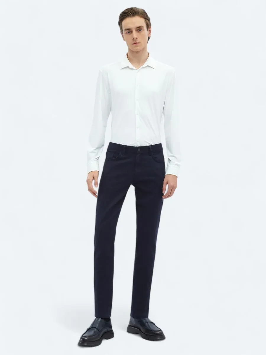 Navy Blue Weaving Slim Fit Casual Cotton Blended Trousers - 1
