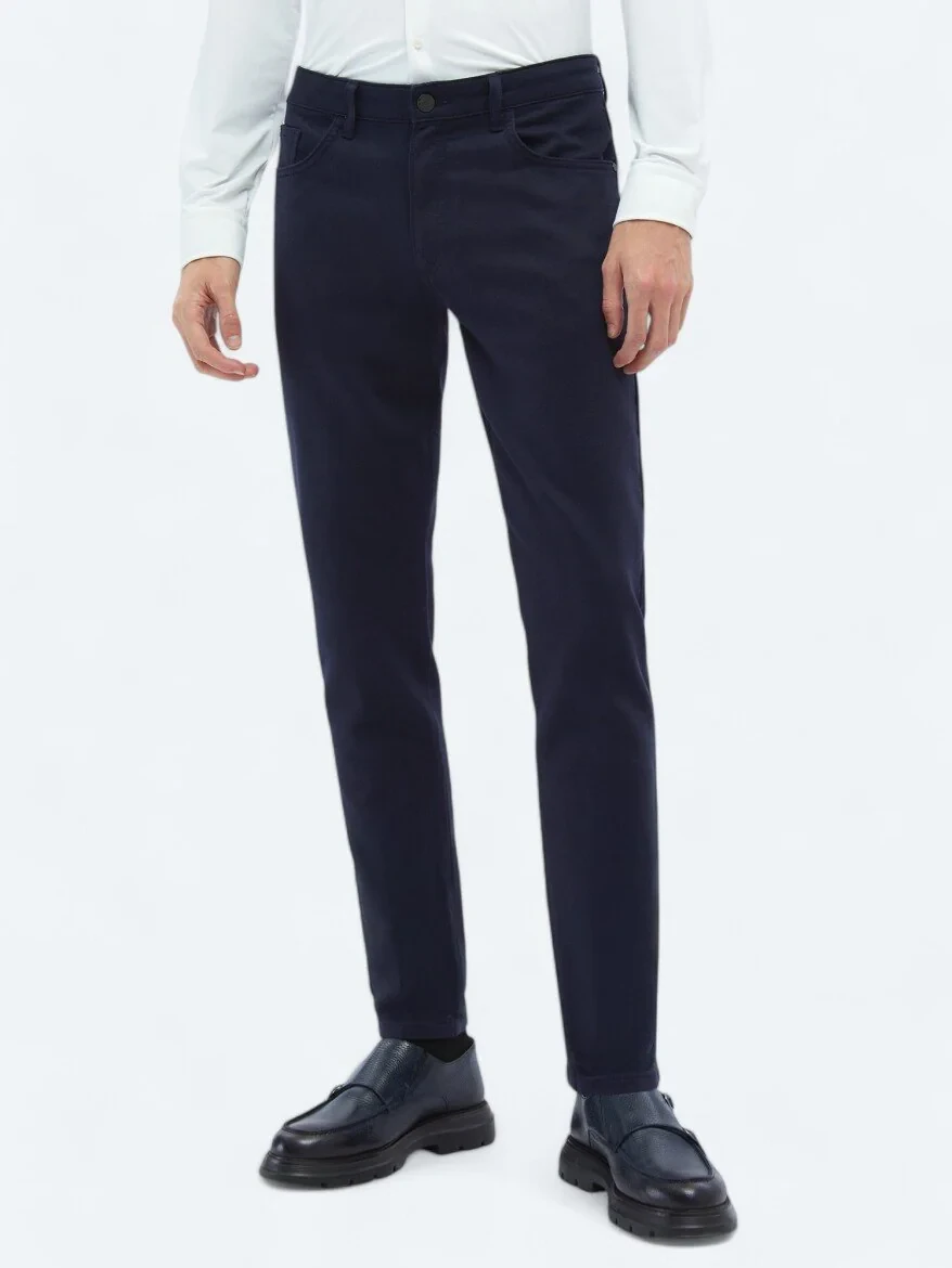 Navy Blue Weaving Slim Fit Casual Cotton Blended Trousers - 2