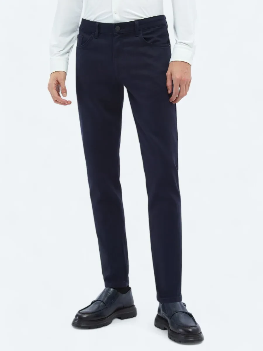 Navy Blue Weaving Slim Fit Casual Cotton Blended Trousers - 2