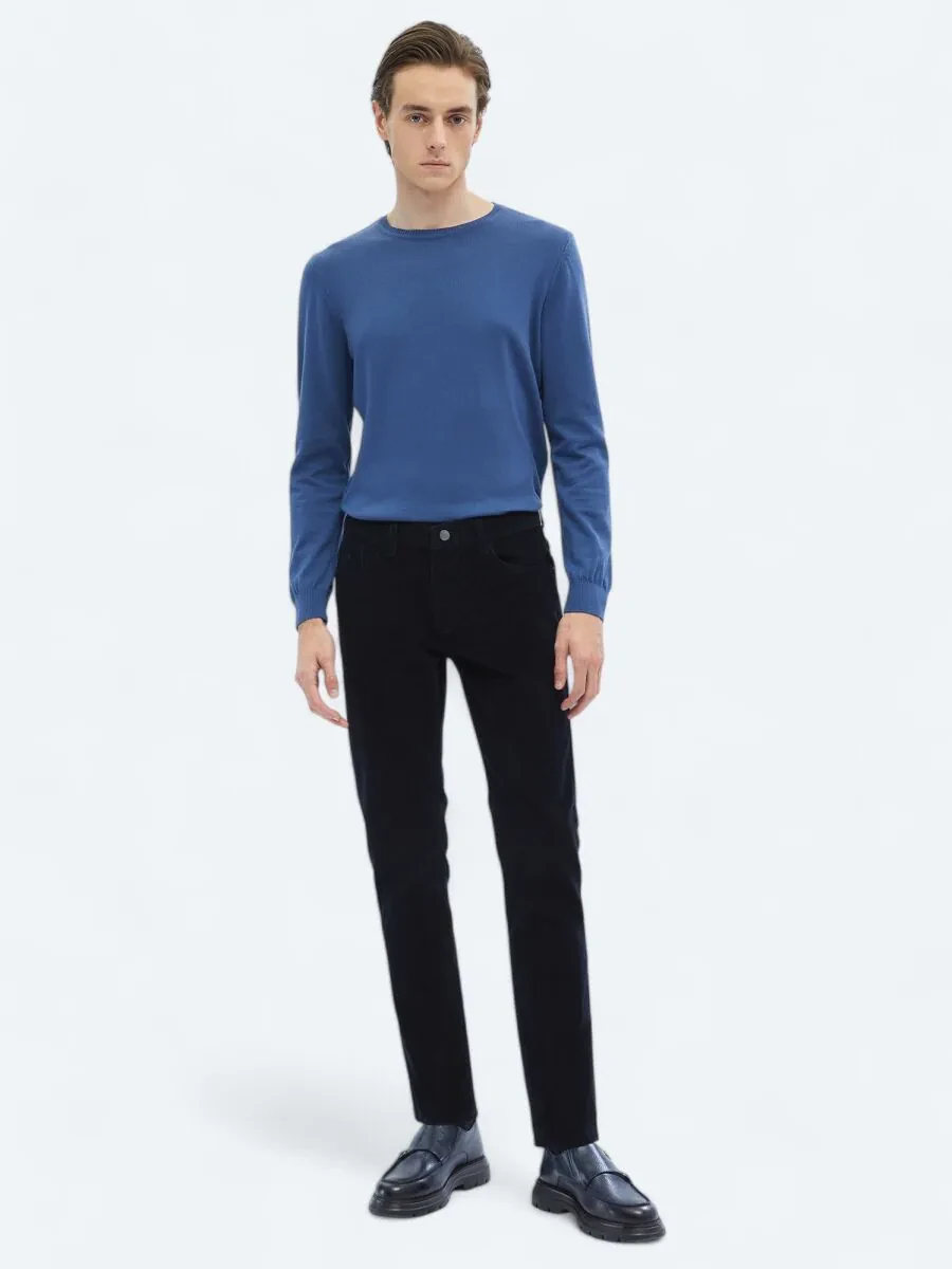 Navy Blue Weaving Slim Fit Casual Cotton Blended Trousers - 1