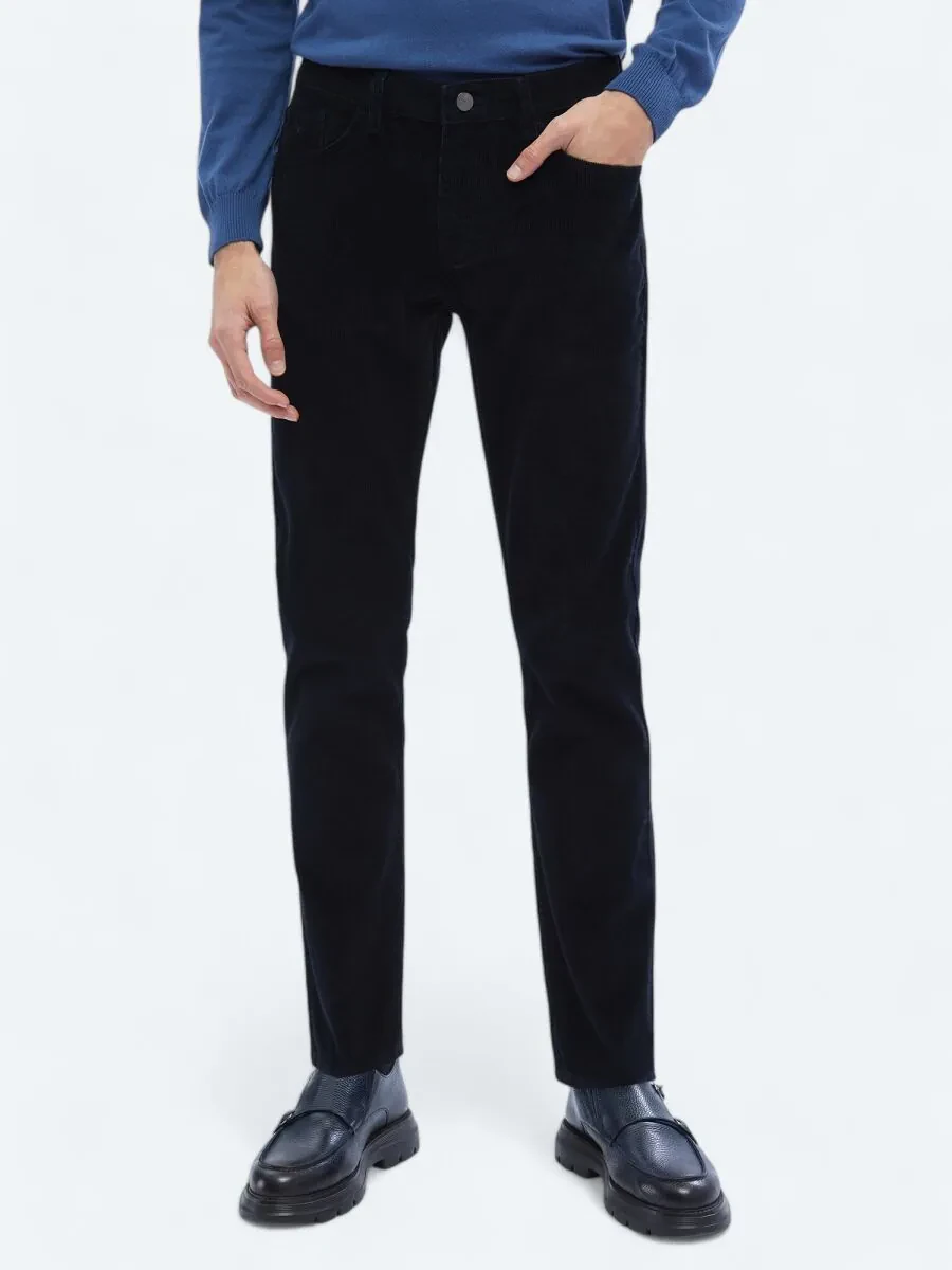 Navy Blue Weaving Slim Fit Casual Cotton Blended Trousers - 2