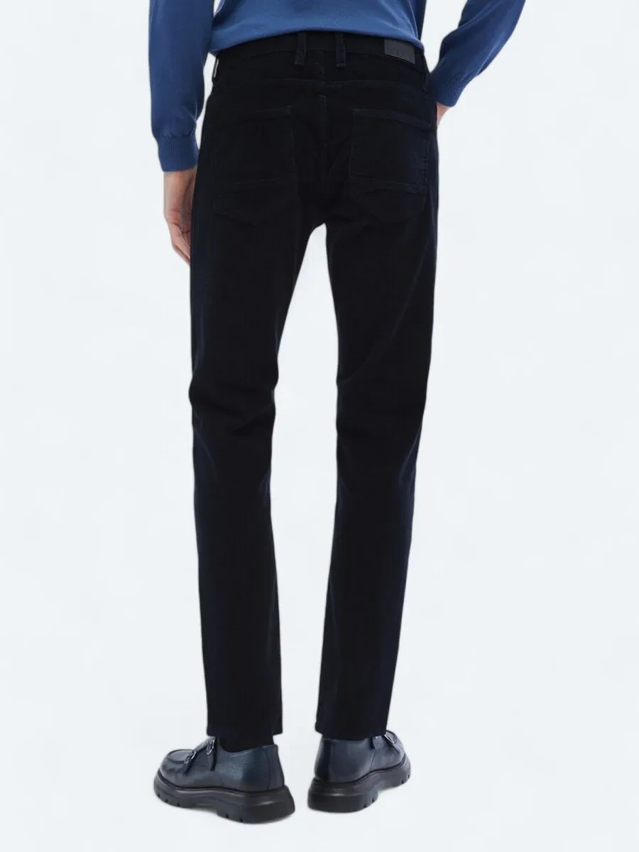 Navy Blue Weaving Slim Fit Casual Cotton Blended Trousers - 4