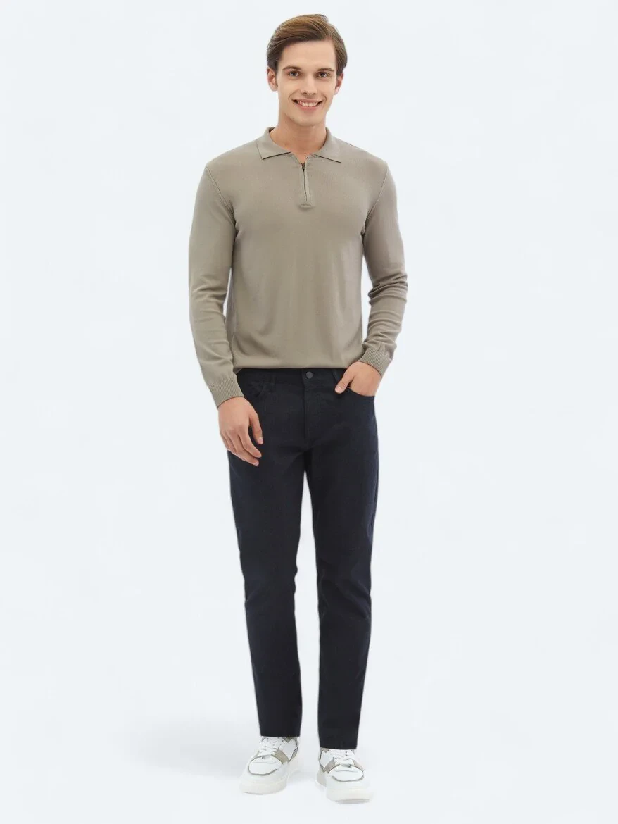 Navy Blue Weaving Slim Fit Casual Cotton Blended Trousers - 1