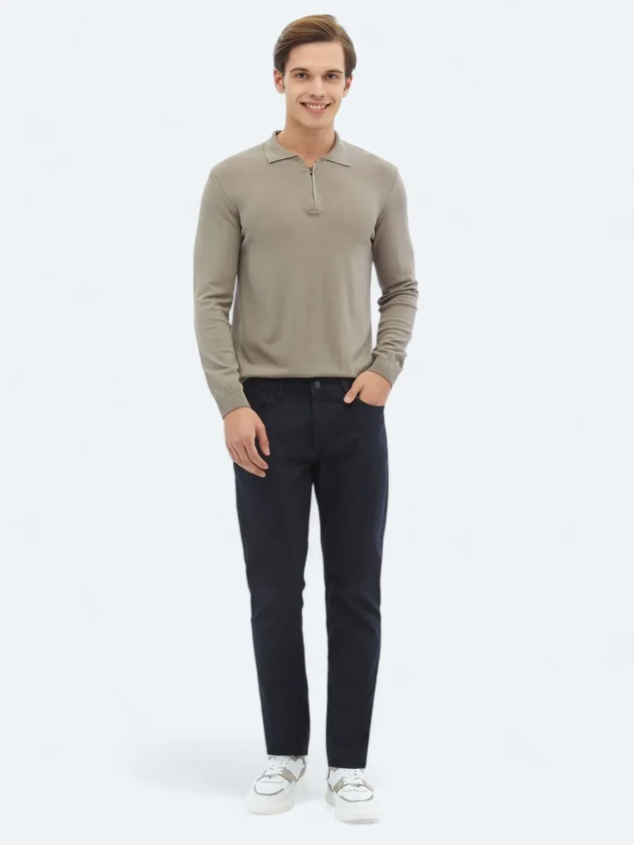 Navy Blue Weaving Slim Fit Casual Cotton Blended Trousers - 1