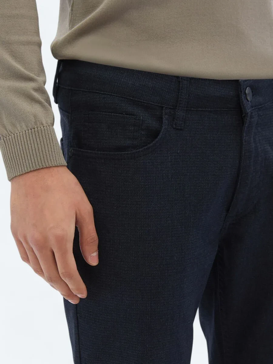 Navy Blue Weaving Slim Fit Casual Cotton Blended Trousers - 3
