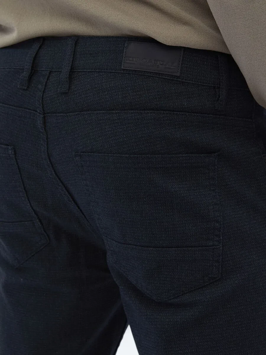 Navy Blue Weaving Slim Fit Casual Cotton Blended Trousers - 4