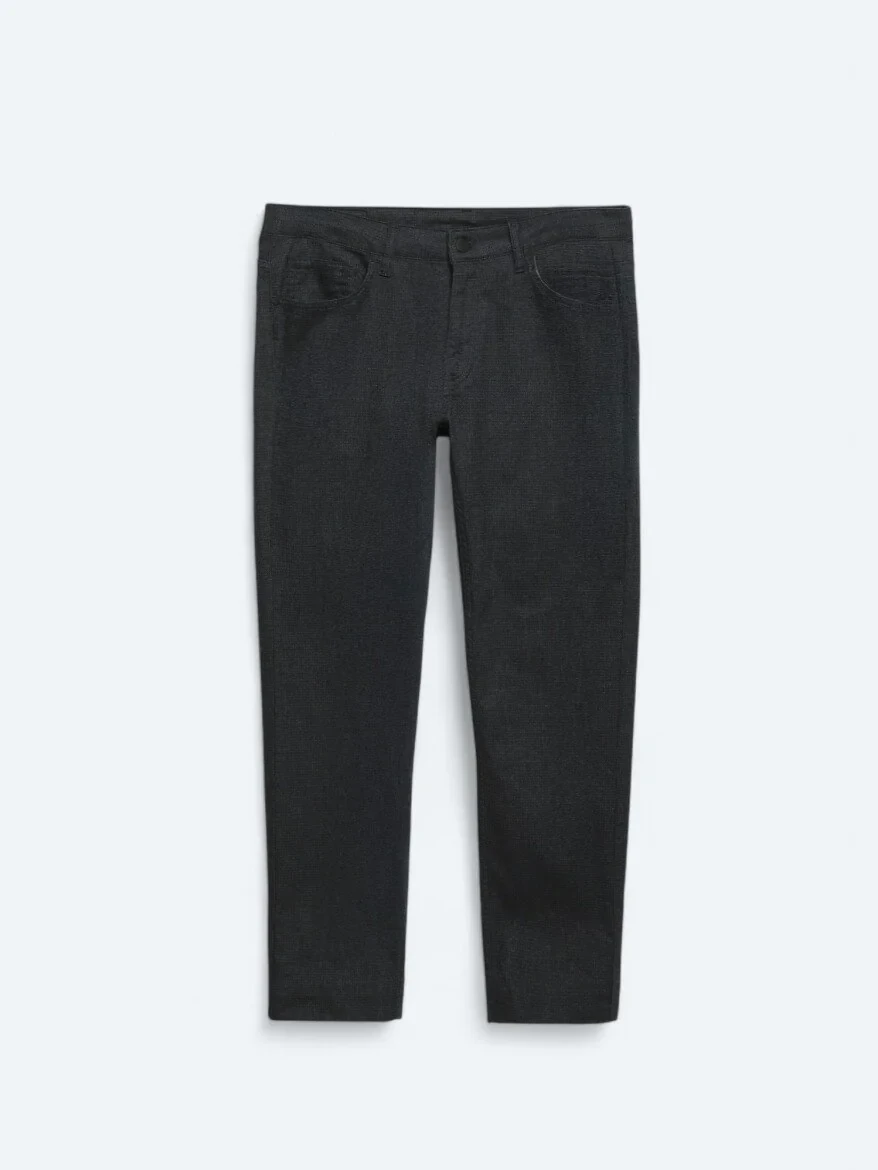 Navy Blue Weaving Slim Fit Casual Cotton Blended Trousers - 6