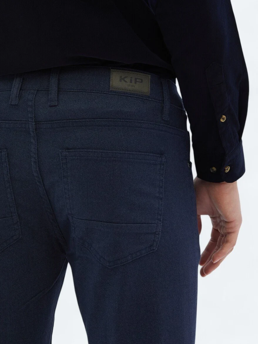 Navy Blue Weaving Slim Fit Casual Cotton Blended Trousers 