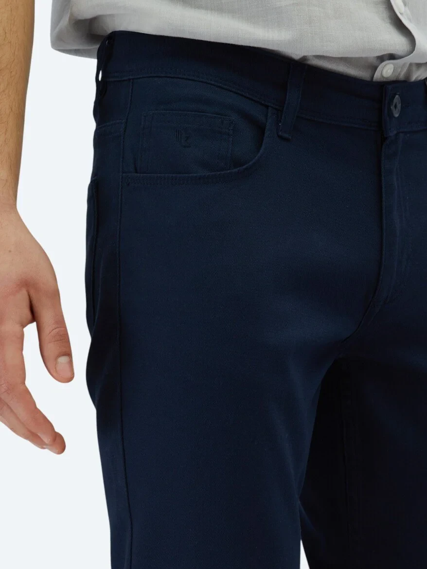 Navy Blue Weaving Slim Fit Casual Cotton Blended Trousers - 3