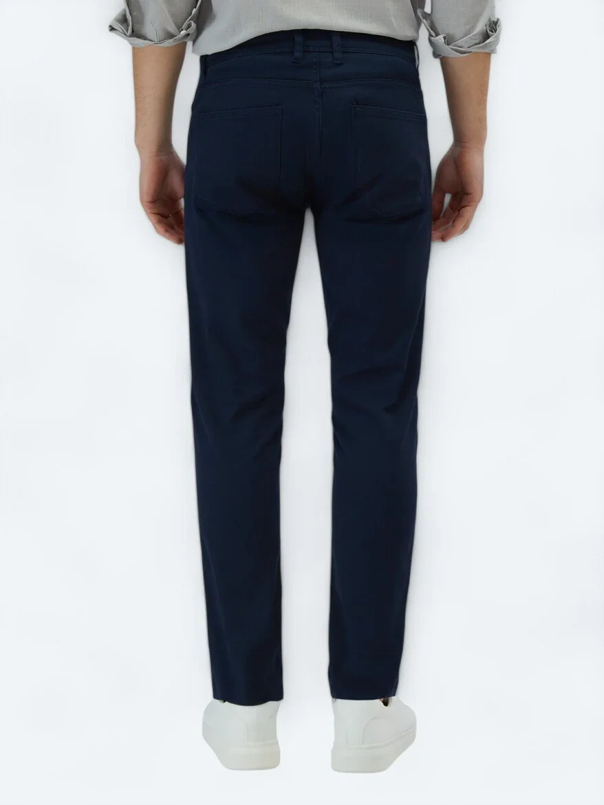 Navy Blue Weaving Slim Fit Casual Cotton Blended Trousers 