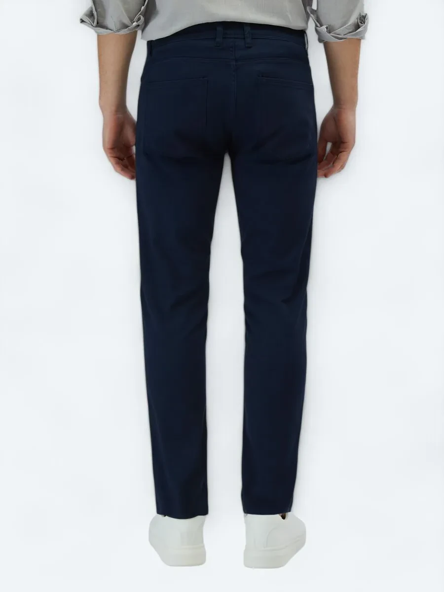 Navy Blue Weaving Slim Fit Casual Cotton Blended Trousers - 4