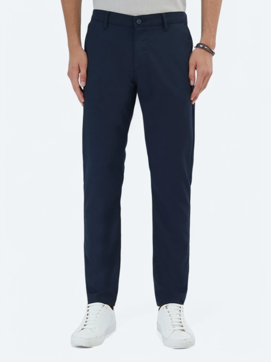 Navy Blue Weaving Slim Fit Casual Trousers - 2