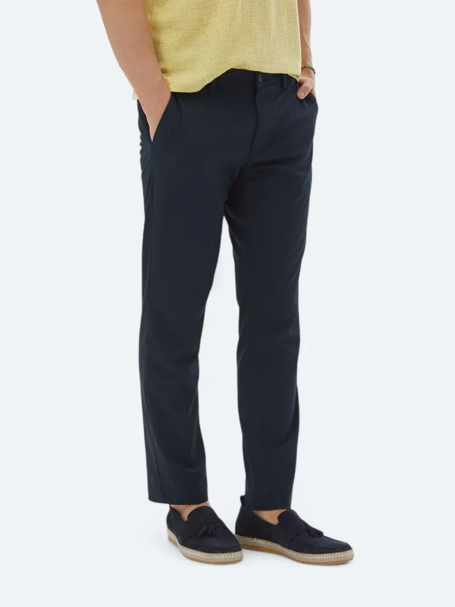 Navy Blue Weaving Slim Fit Casual Trousers - 3