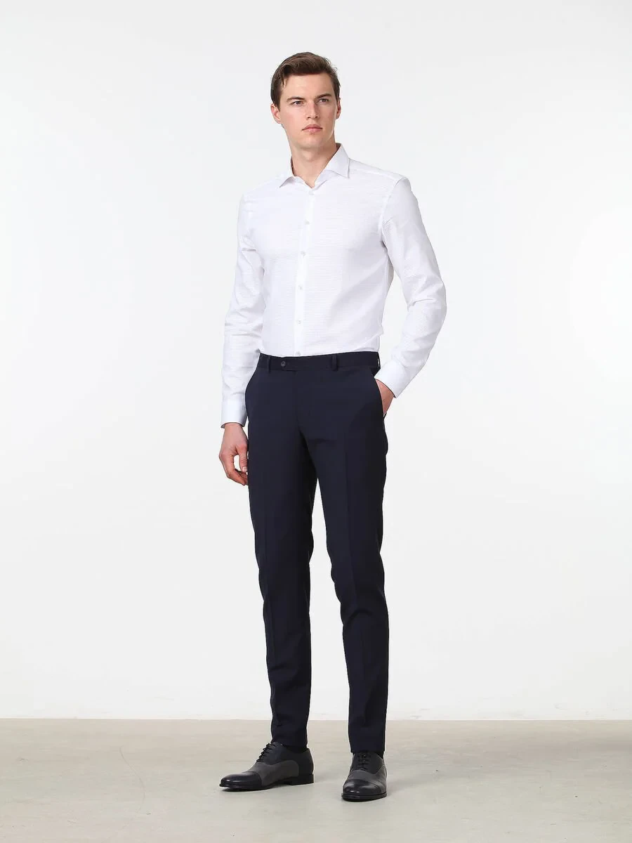Navy Blue Weaving Slim Fit Classical Wool Blended Trousers - 1