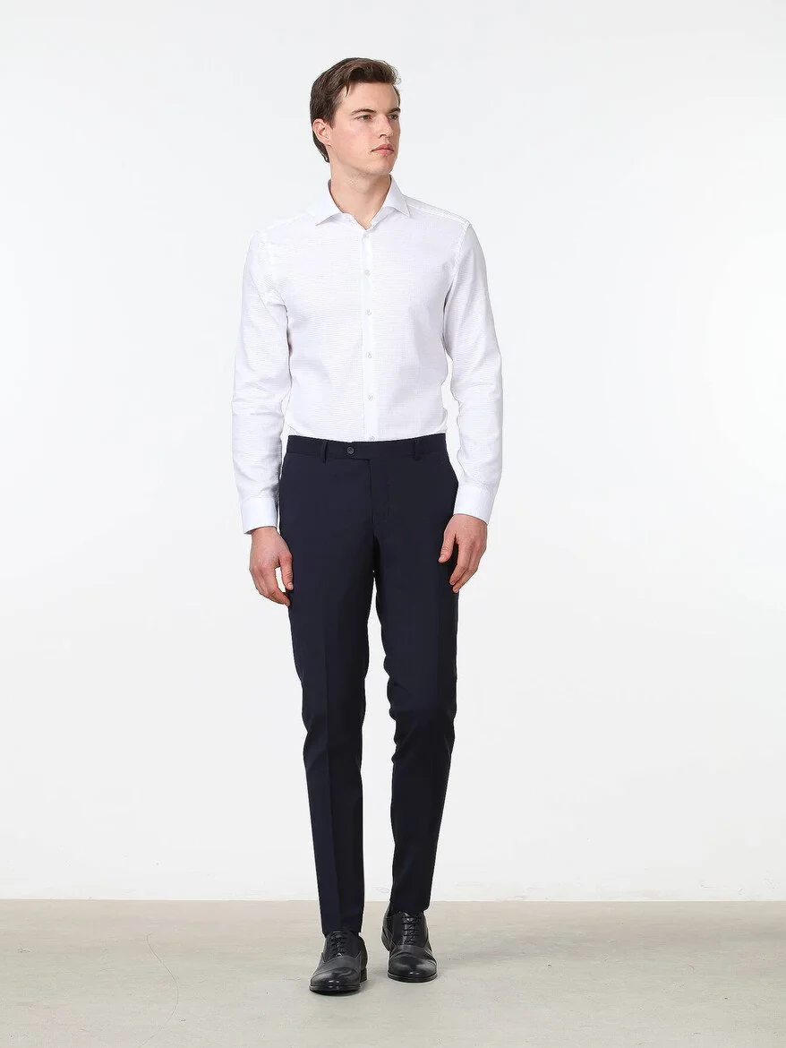 Navy Blue Weaving Slim Fit Classical Wool Blended Trousers - 2