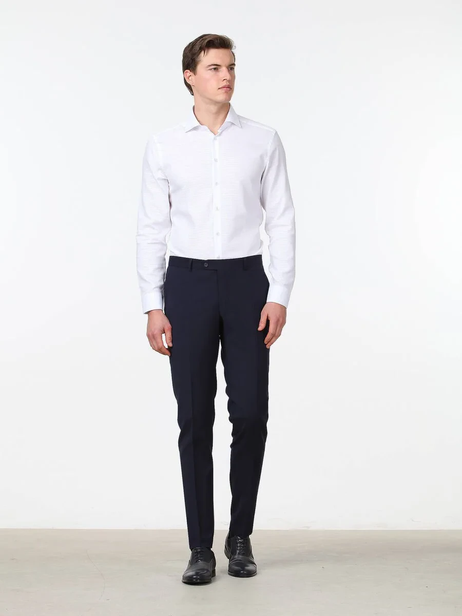 Navy Blue Weaving Slim Fit Classical Wool Blended Trousers - 2