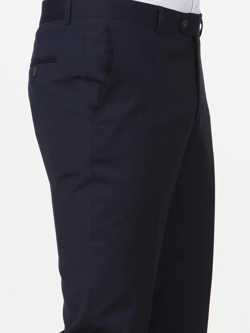 Navy Blue Weaving Slim Fit Classical Wool Blended Trousers - 3