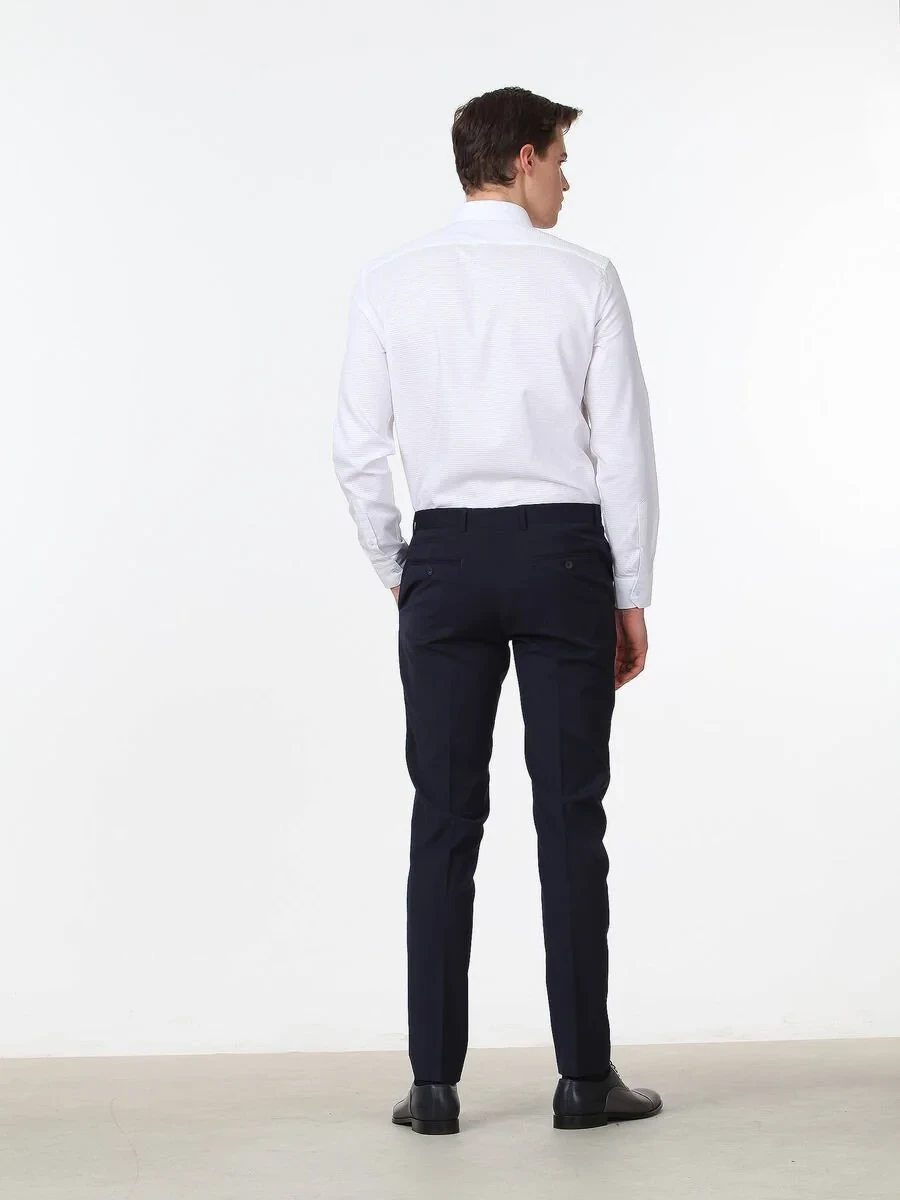 Navy Blue Weaving Slim Fit Classical Wool Blended Trousers - 4