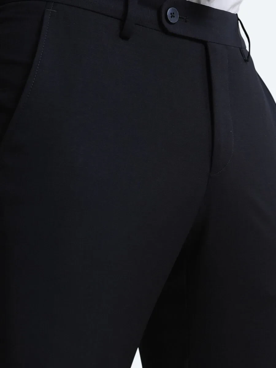 Navy Blue Weaving Slim Fit Classical Wool Blended Trousers - 2