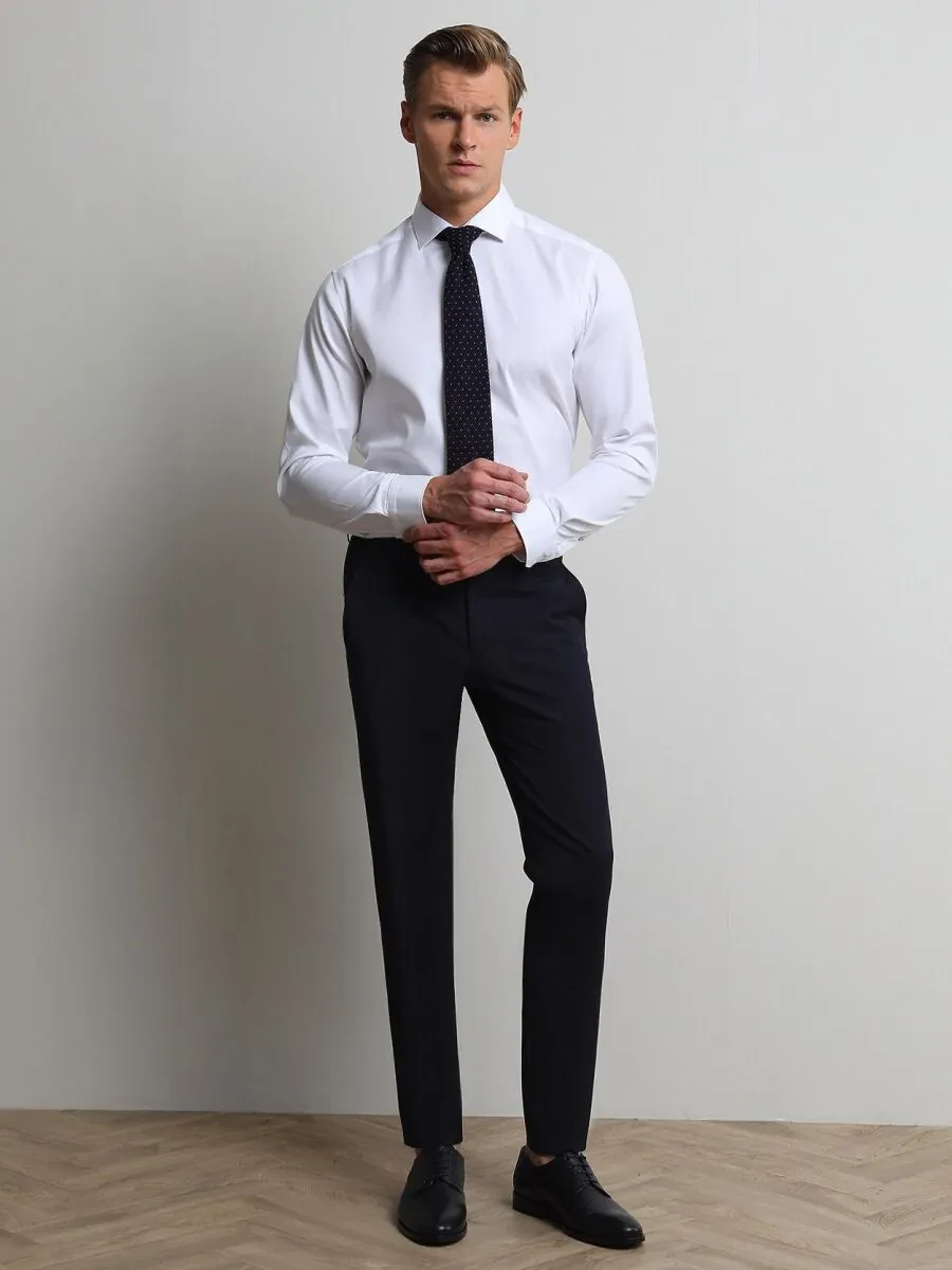 Navy Blue Weaving Slim Fit Classical Wool Blended Trousers - 1