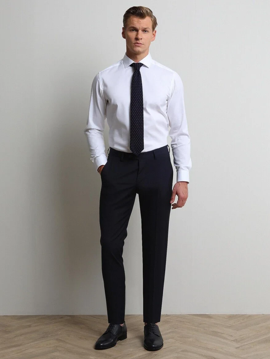 Navy Blue Weaving Slim Fit Classical Wool Blended Trousers - 2