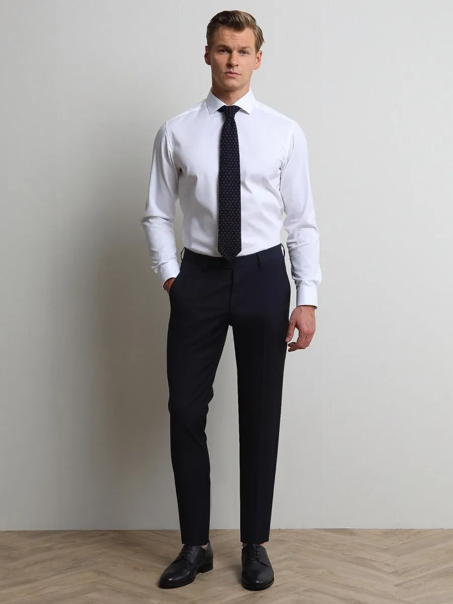 Navy Blue Weaving Slim Fit Classical Wool Blended Trousers - 2