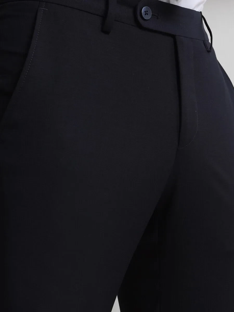 Navy Blue Weaving Slim Fit Classical Wool Blended Trousers - 3