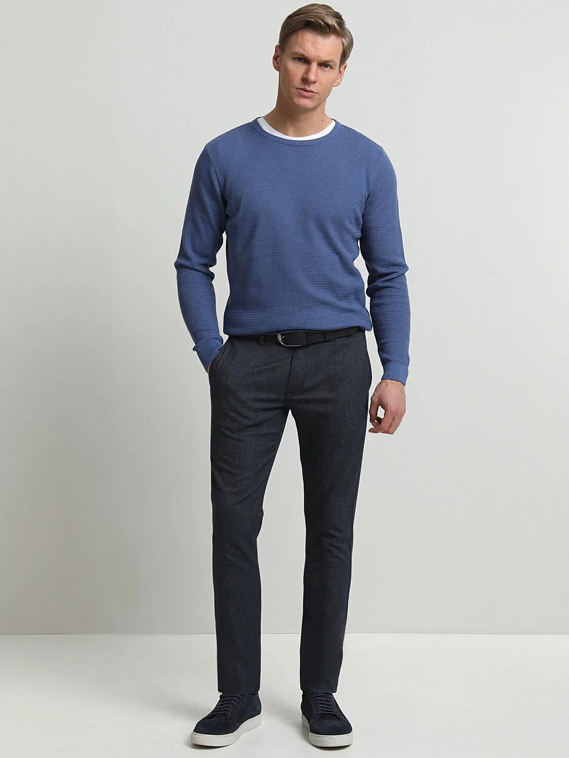 Navy Blue Weaving Slim Fit Smart Casual Trousers - 1