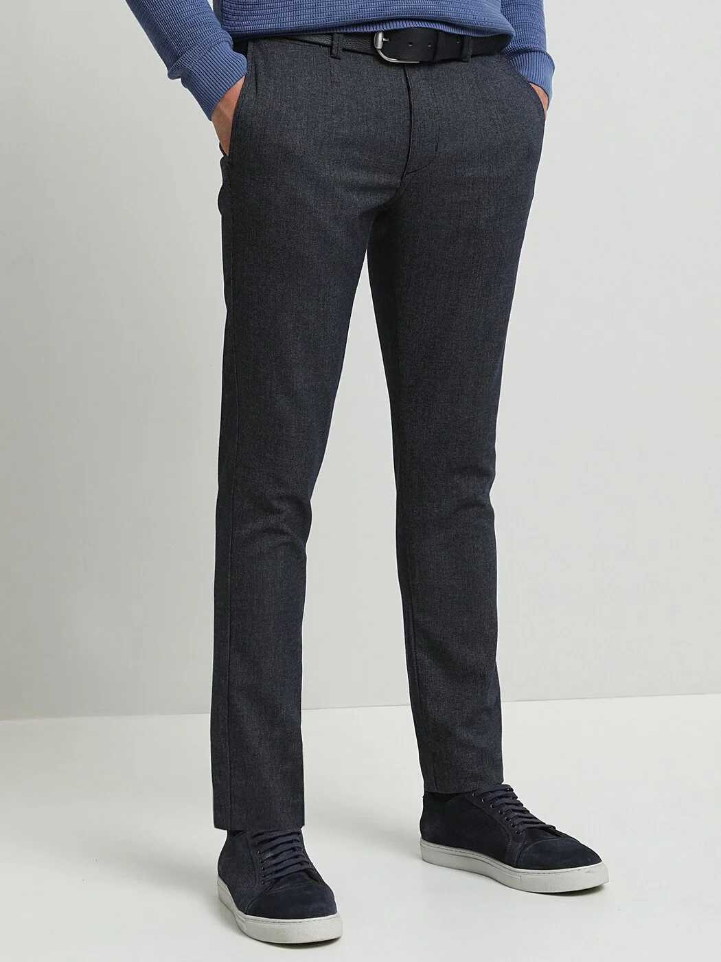 Navy Blue Weaving Slim Fit Smart Casual Trousers - 2