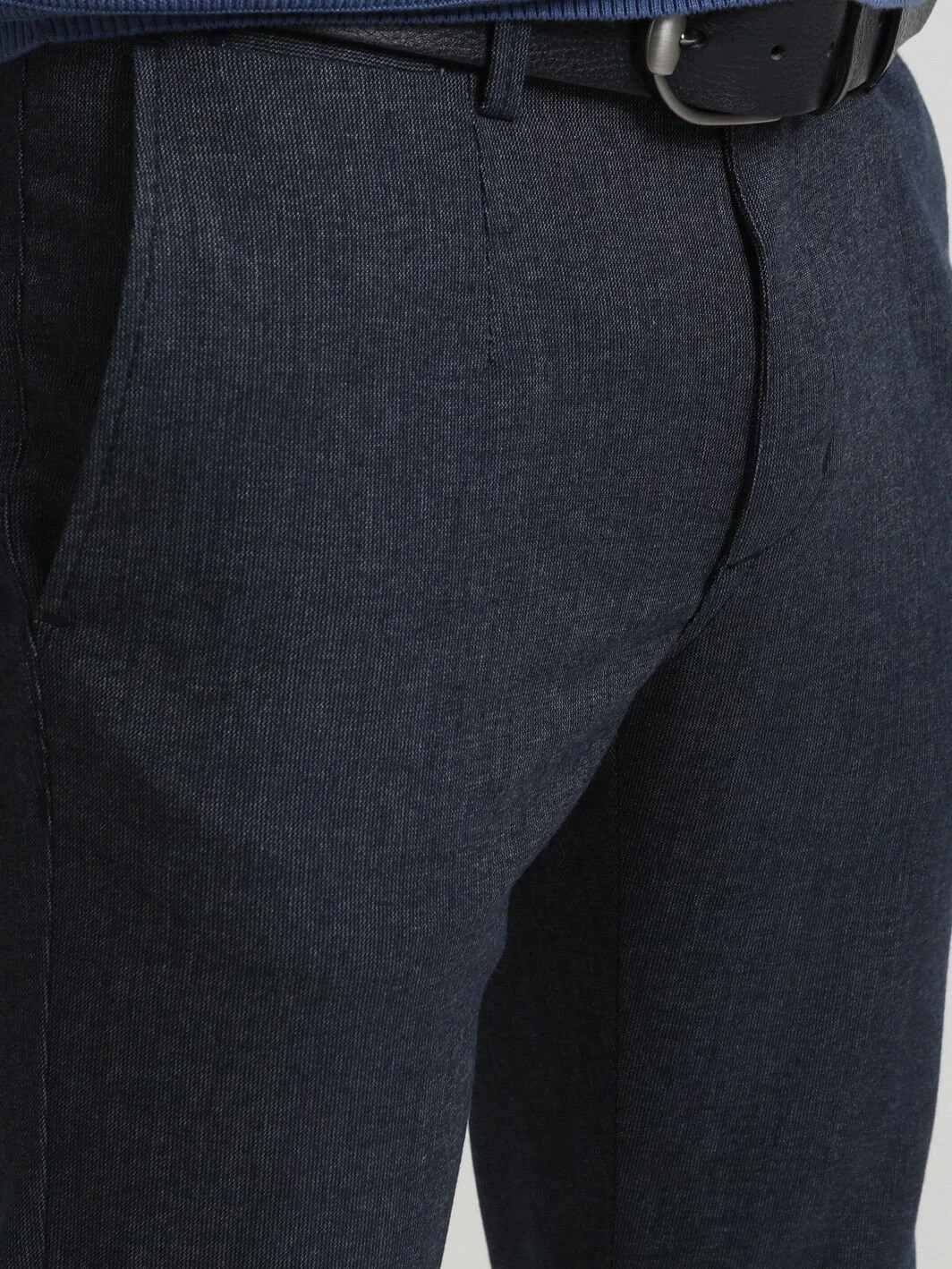 Navy Blue Weaving Slim Fit Smart Casual Trousers - 3