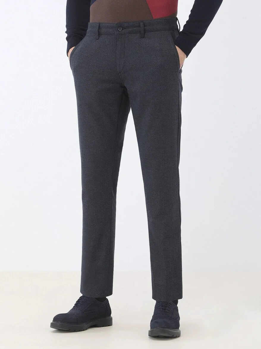 Navy Blue Weaving Slim Fit Smart Casual Trousers - 1