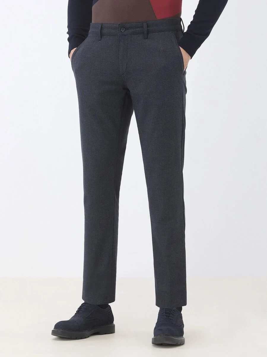 Navy Blue Weaving Slim Fit Smart Casual Trousers - 1